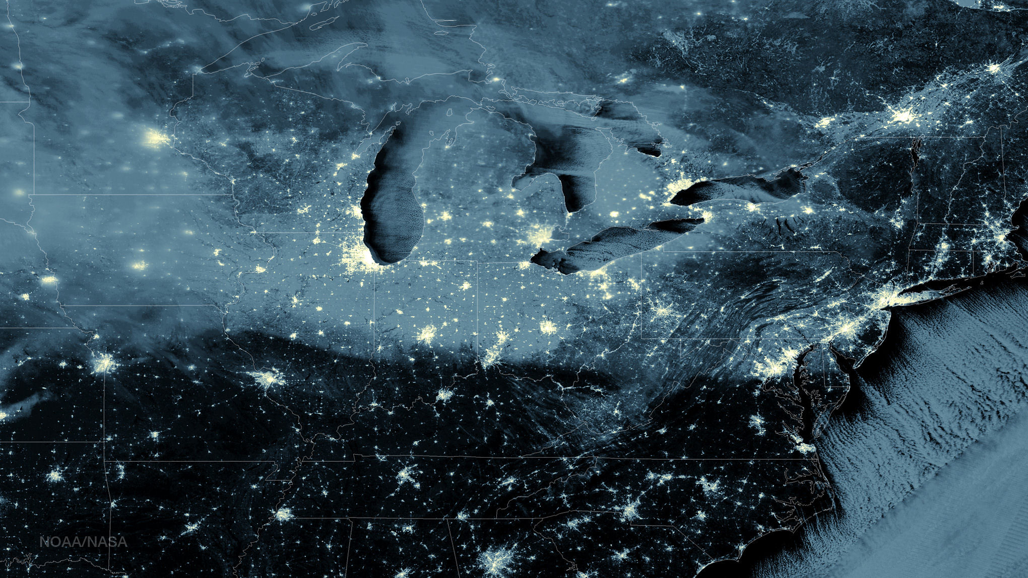 Satellite image of the Great Lakes region lit up with nighttime lights