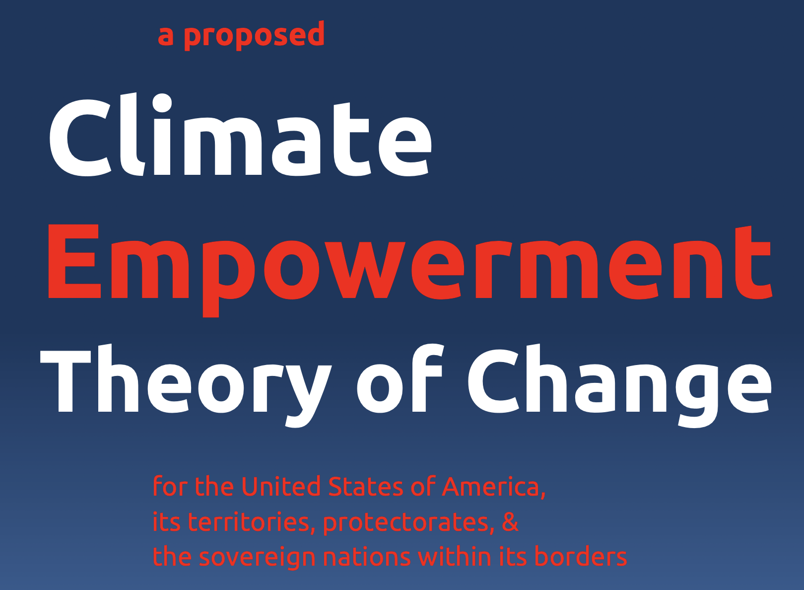 A typographic promo card that reads “a proposed Climate Empowerment Theory of Change for the United State of America, its territories, protectorates, and sovereign nations within its borders.”