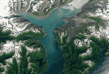 satellite image of a glacial fjord with snowy mountains and teal water.