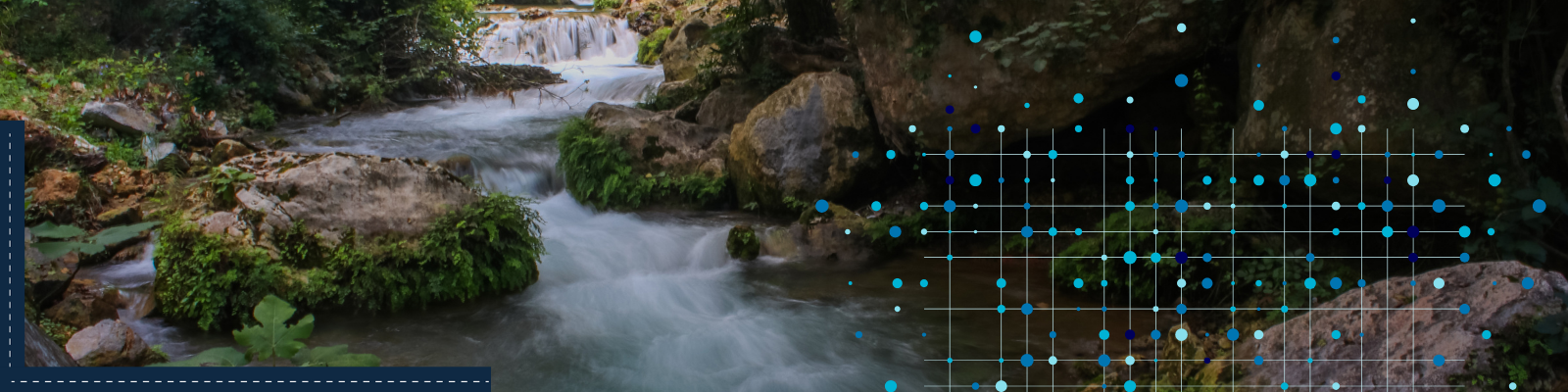 A stream in a forest with a graphic overlay of data points.